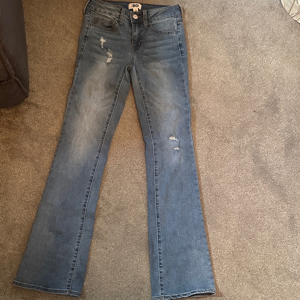 SO Women's Blue Distressed Flare Jeans
